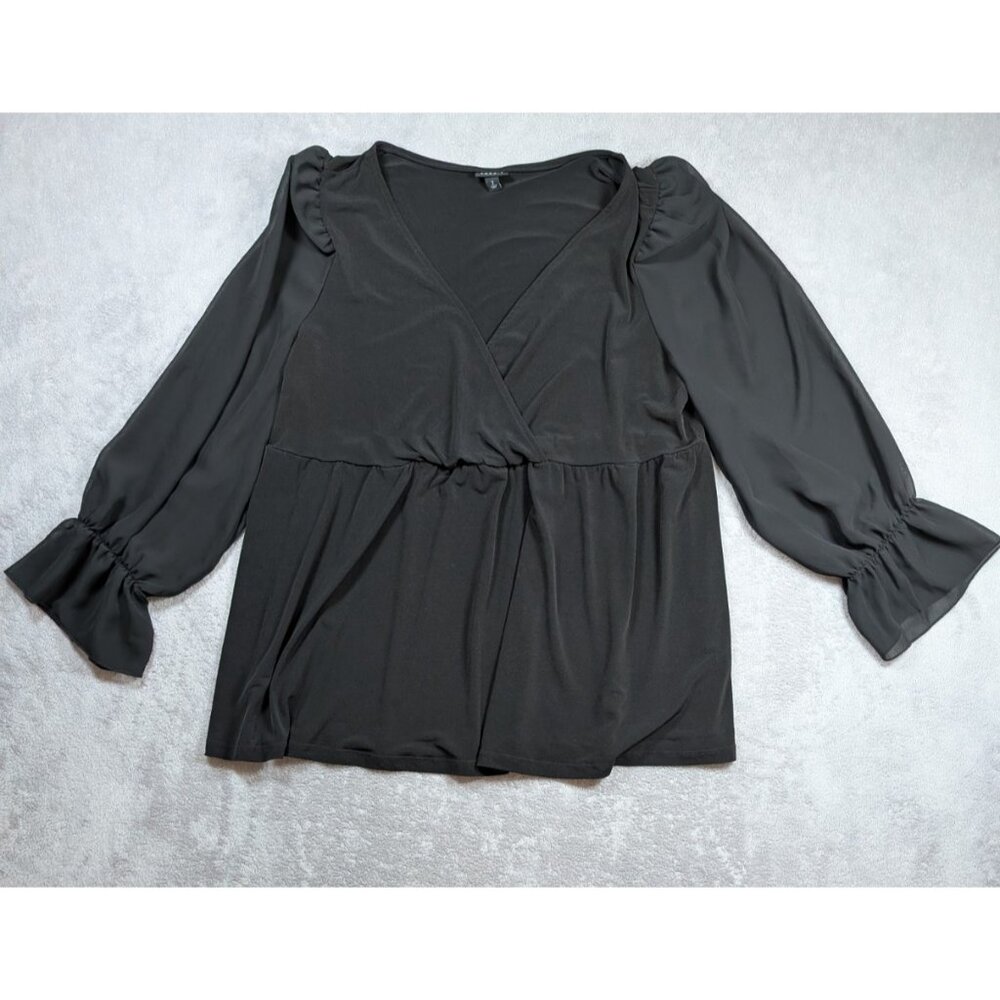 Torrid Blouse Womens Size 2 Black Long Sleeve V Neck Ruffle Cuff Chiffon Top